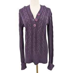Max Rave Cable Knit Sweater Jr M Plum Purple Cozy Y2K Retro Button-Neck Pullover